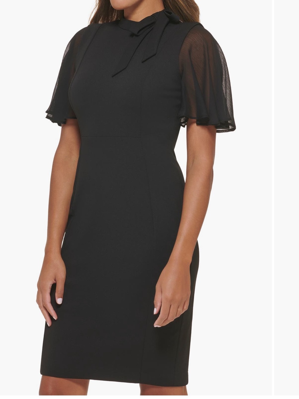 Black Tie-Neck Sheath Dress with Sheer Flutter Sleeves Calvin Klein